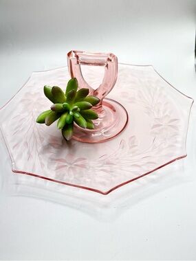 Vintage Depression Pink Etched Glass Handled Dessert Plate/ Decor
